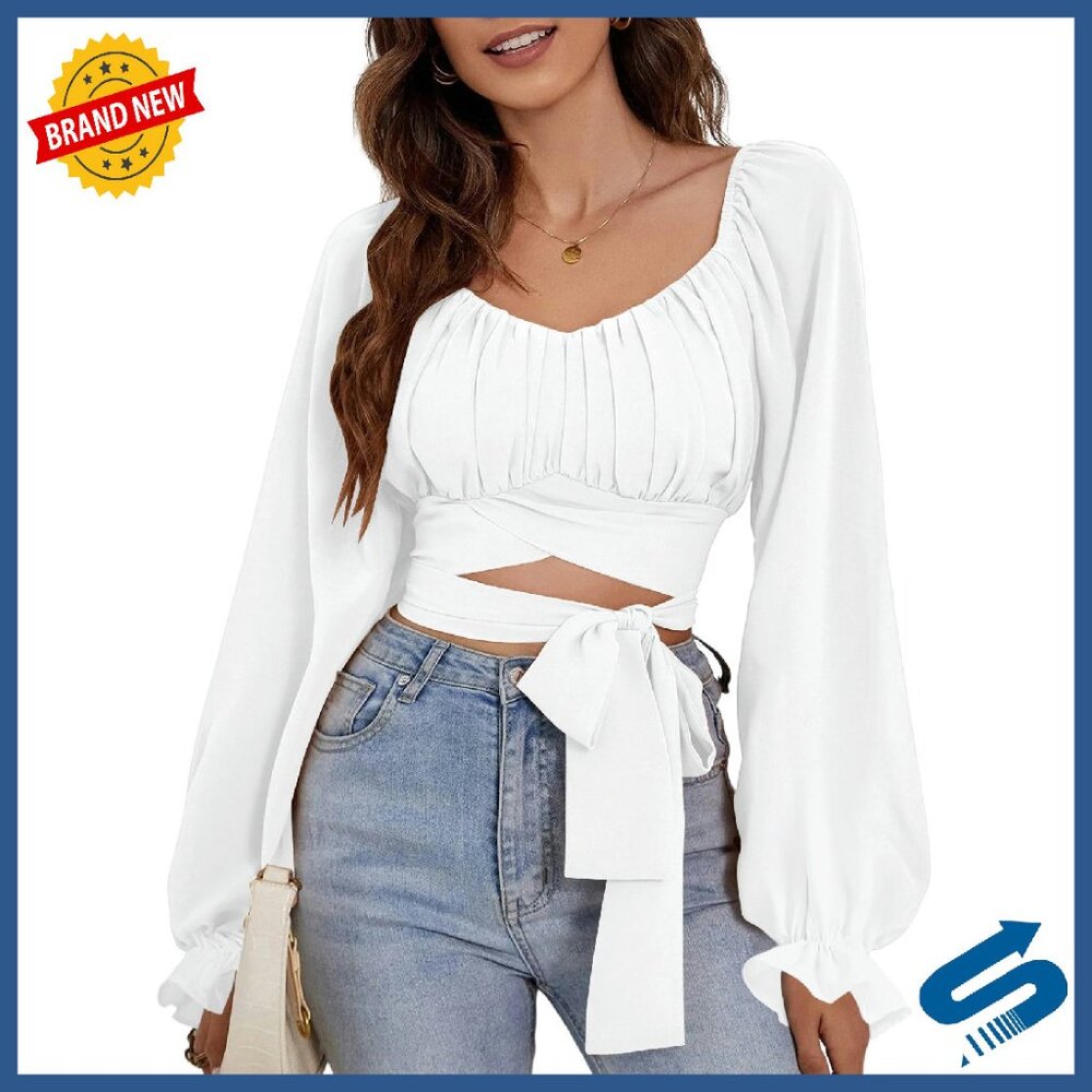 Ruched Wrap Square Neck Crop Top Blouse Long Sleeve Self Tie